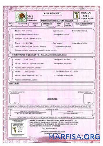 Printable Mexico Civil registry marriage certificate template